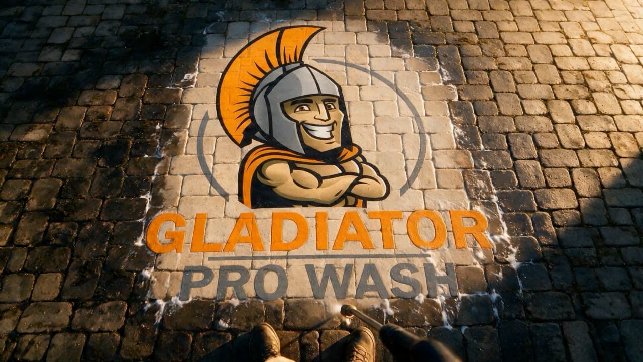 The Gladiator Pro Wash logo pressure-washed into an interlock driveway